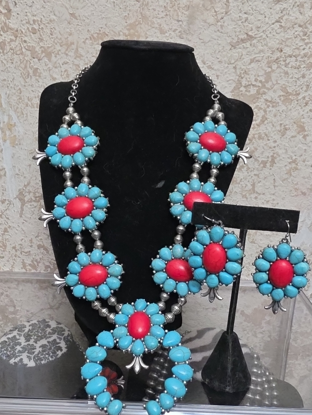 Turquoise & Red Floral Statement Necklace and Earrings Set
